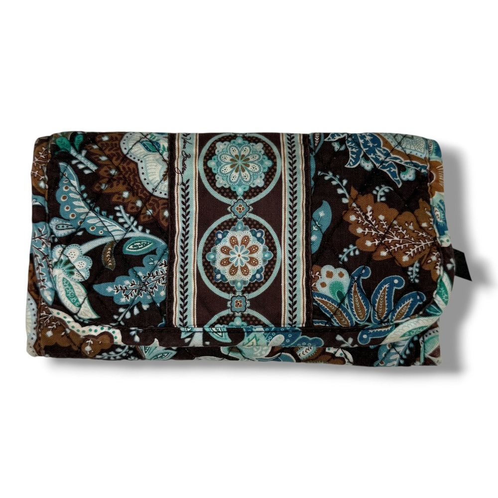 Vera Bradley Mocha Rouge Quilted Cotton Trifold Wallet Paisley Brown Turquoise
